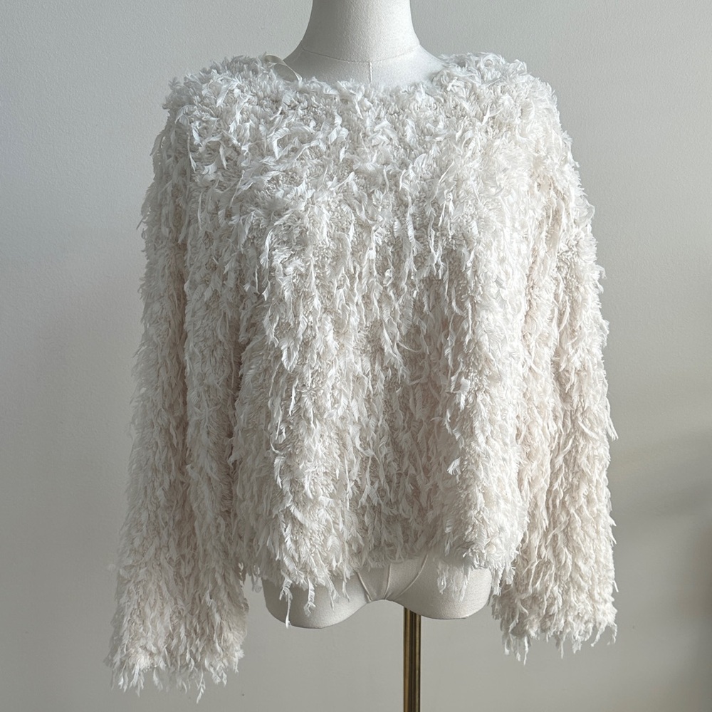 Nwt Womens Sz S White Oversized Fuzzy‎ Shag Sweater Bow Back Western Boho Goth